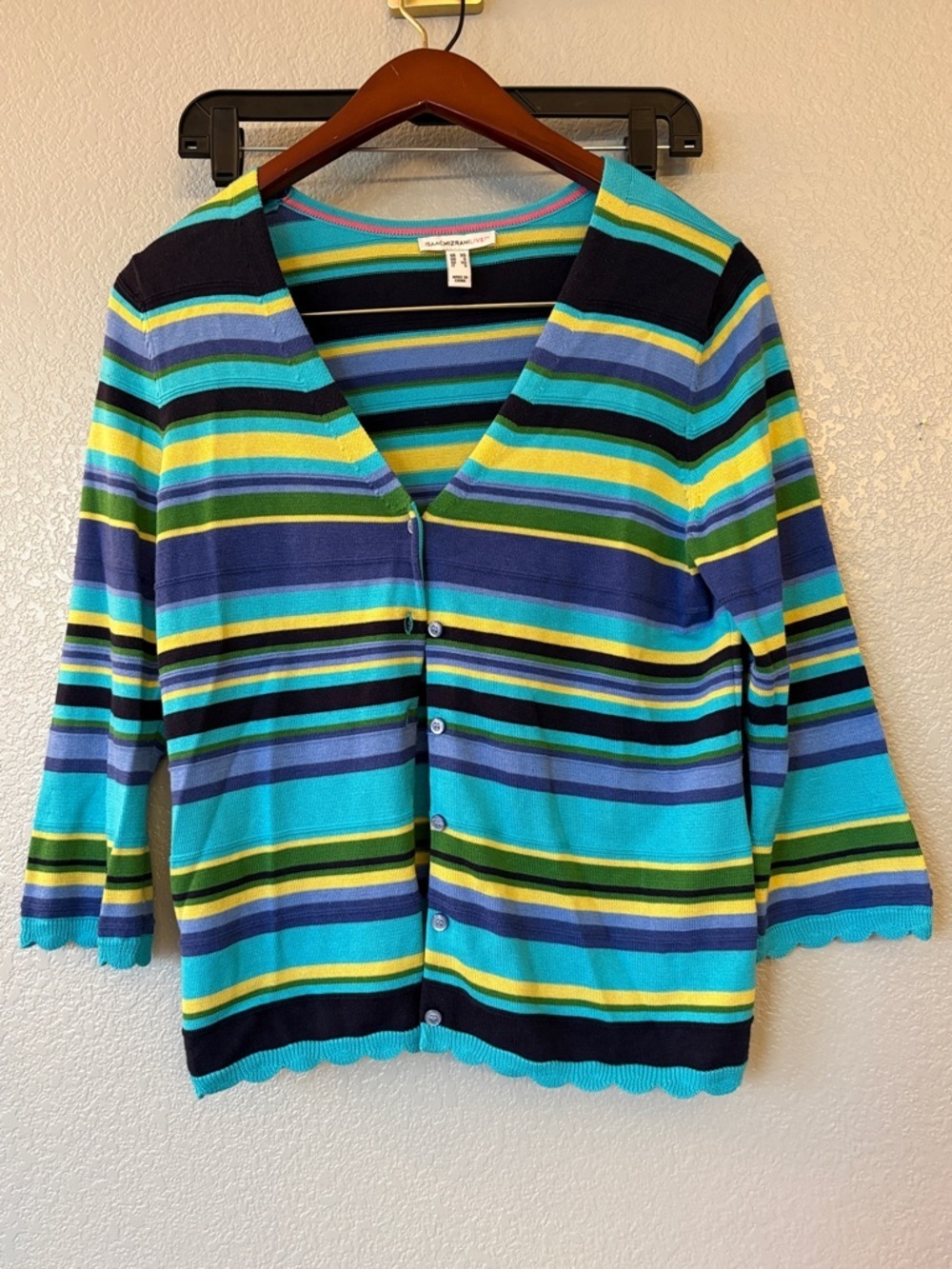 Talbots Striped V-Neck Button Cardigan - Turquoise, Navy, Lime